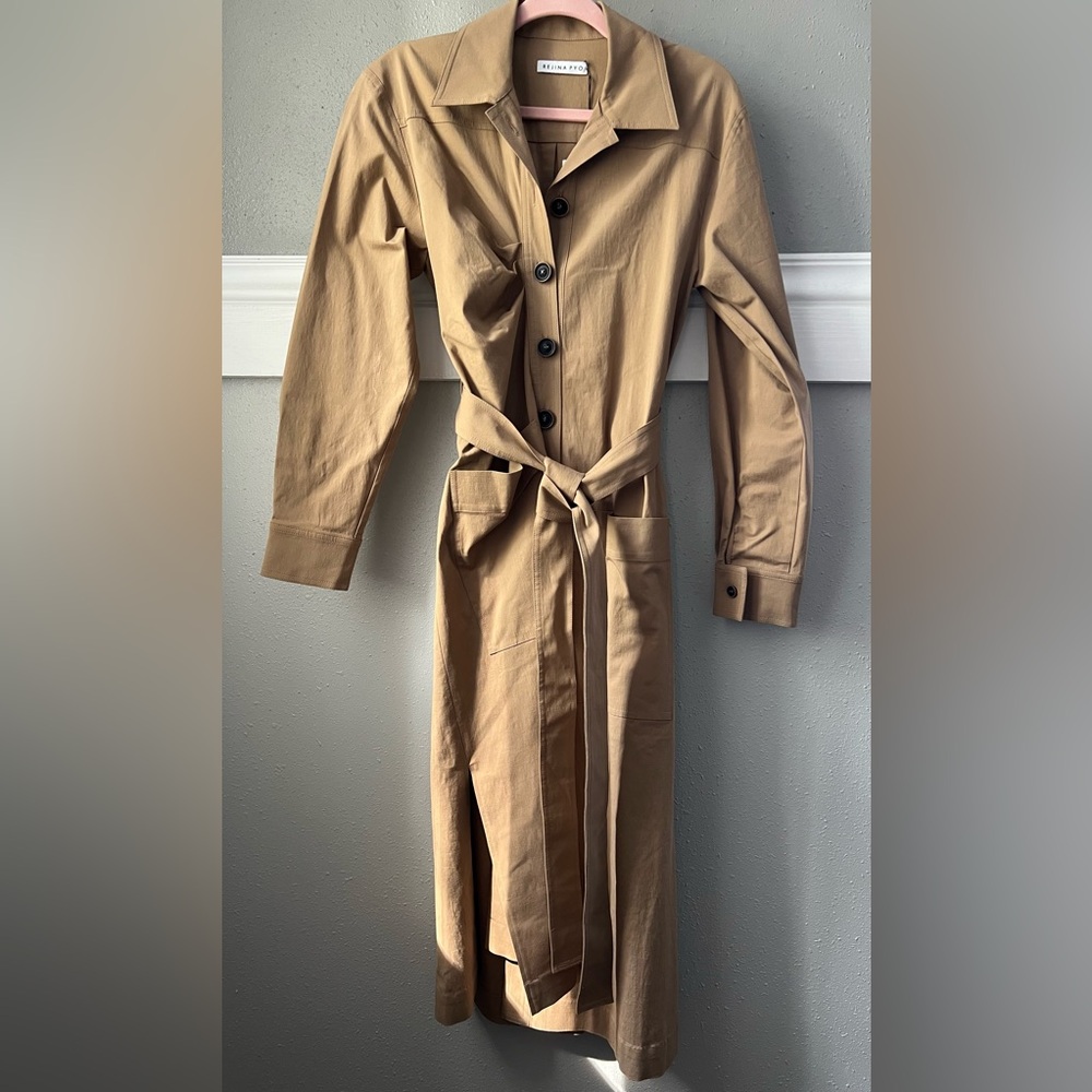 New REJINA PYO Madison Belted Pleated Gabardine Midi Trench Dress Size Small - Picture 4 of 11